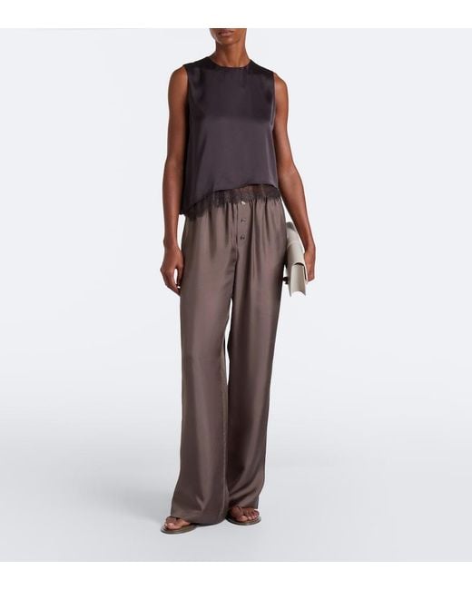 Vince Brown Lace-Trimmed Satin Top