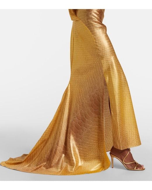 Roberto Cavalli Metallic Snake-Print Silk Gown