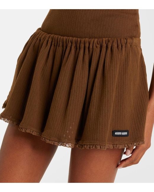 Miu Miu Brown Lace-Trimmed Pointelle Cotton Miniskirt