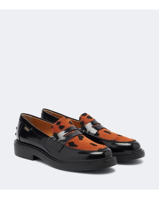 Tod's Black Leather Leopard-Print Penny Loafers