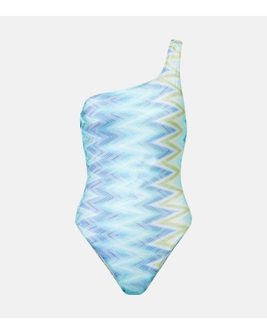 Missoni Blue Zigzag One-Shoulder Swimsuit