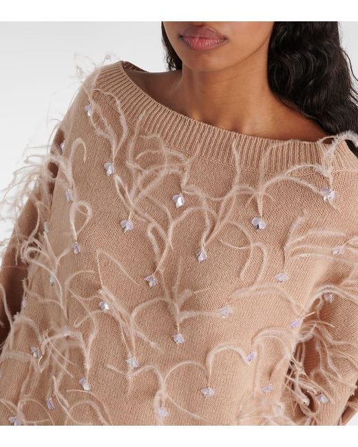 Pullover in lana vergine con piume di Valentino in Natural