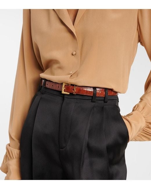 Saint Laurent Brown Cassandre Croc-Effect Leather Belt