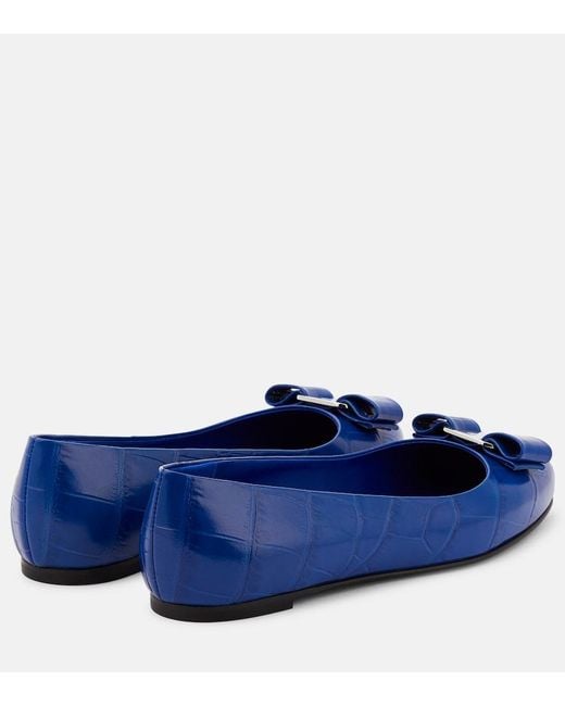 Ferragamo Blue Varina Croc Ballet Flats