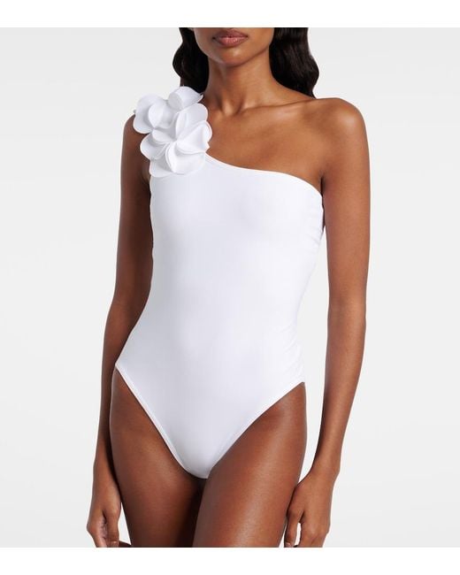 Karla Colletto White Tess Floral-Applique One-Shoulder Swimsuit