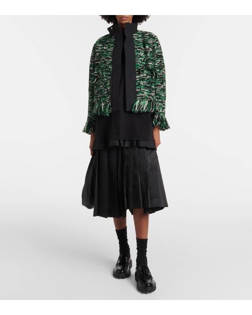 Sacai Green Fringed Wool-Blend Tweed Jacket