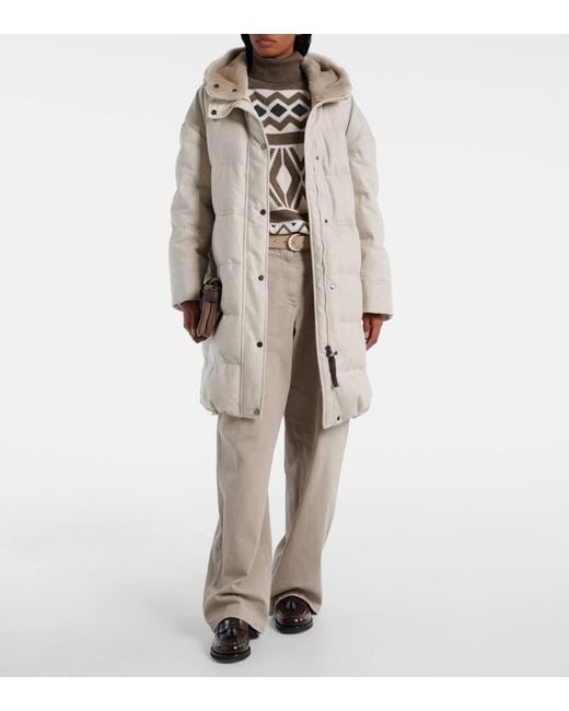 Brunello Cucinelli Gray Leather-Trimmed Wool Down Coat