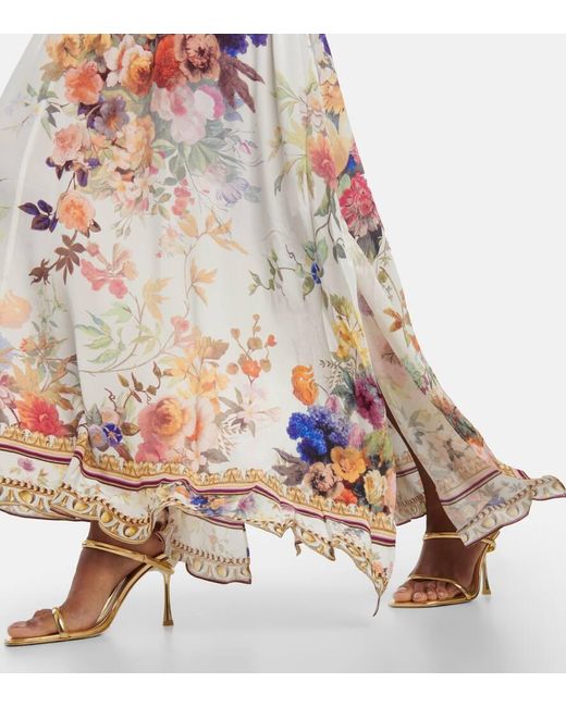 Camilla Metallic Gathered Floral Silk Maxi Dress
