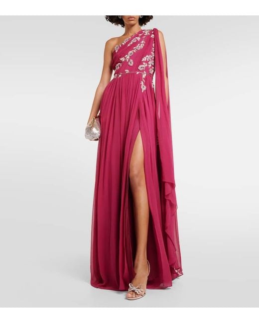 Costarellos One-Shoulder Embroidered Silk Gown