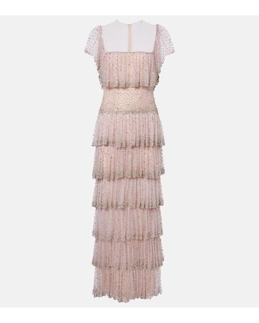 Costarellos Pink Jesenia Tiered Crystal-Embellished Tulle Gown