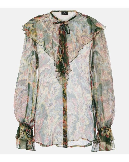 Etro Multicolor Printed Ruffled Silk Blouse