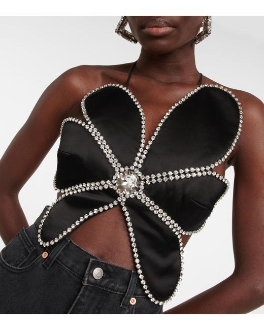 Area Black Crystal-Embellished Halterneck Top