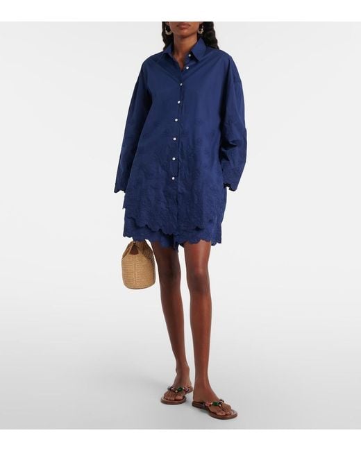Juliet Dunn Blue Floral Cotton Poplin Shirt Dress
