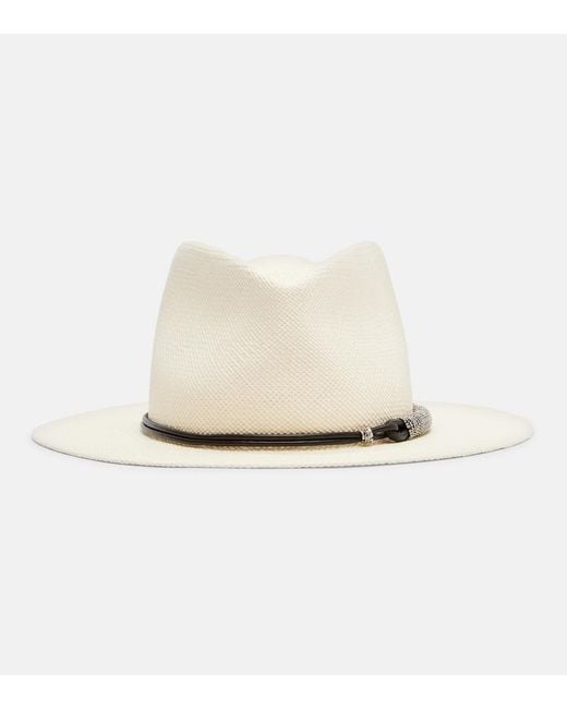Brunello Cucinelli White Leather-Trimmed Straw Fedora Hat