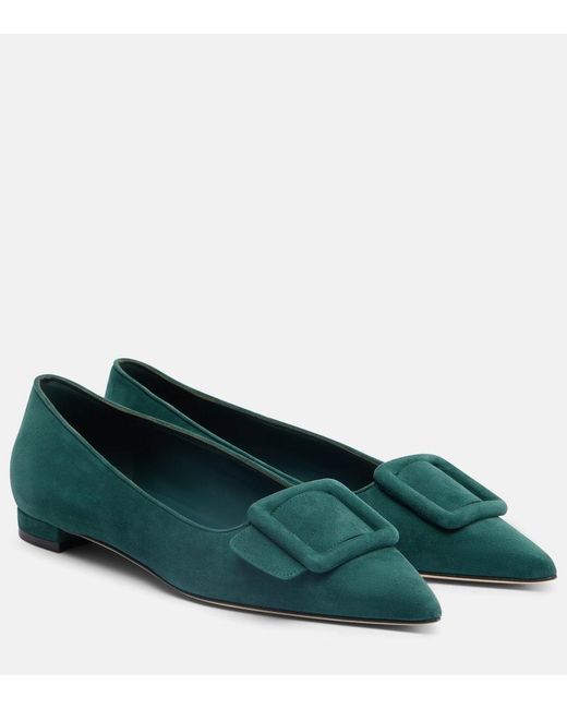 Manolo Blahnik Green Maysale Suede Ballet Flats