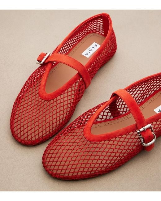 Alaïa Red Suede-Trimmed Fishnet Ballet Flats