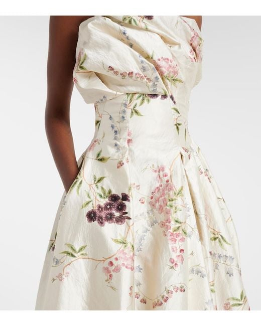Erdem Natural Draped Floral Satin Cocktail Dress