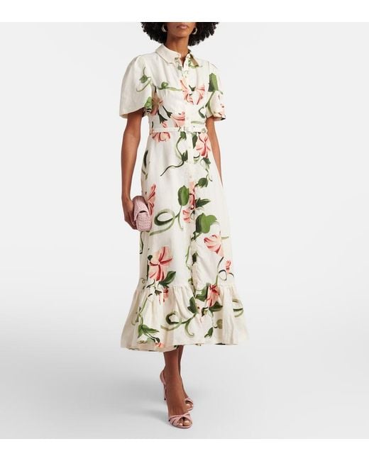 LEO LIN Natural Becca Belted Floral Linen-Blend Shirt Dress