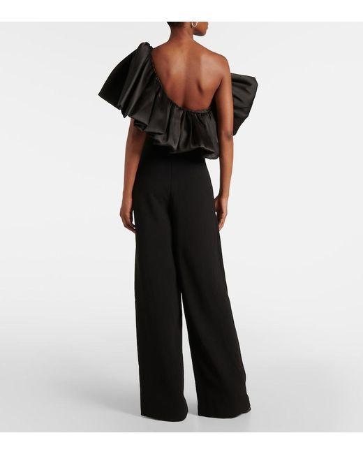 Solace London Black Perla Ruffled Satin-Trimmed Jumpsuit