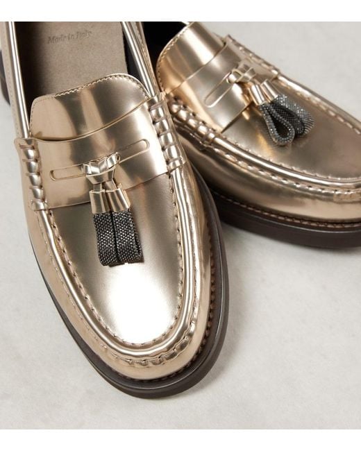 Brunello Cucinelli Brown Metallic Leather Penny Loafers