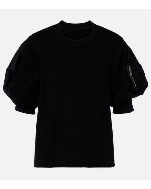 Sacai Black Cotton Twill And Jersey T-Shirt