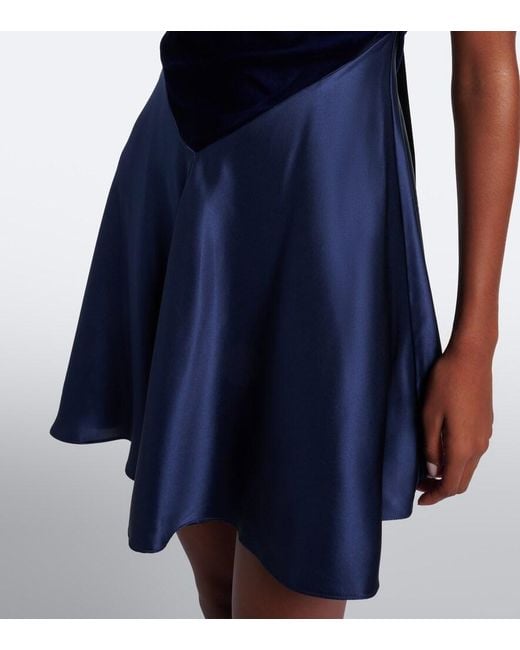 Rodarte Blue Ruched Silk Satin And Velvet Minidress