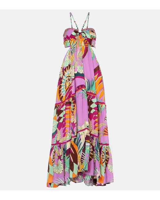 Camilla White Gathered Printed Silk Cutout Maxi Dress