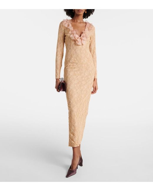 Alessandra Rich Natural Ruffled Lace Midi Dress