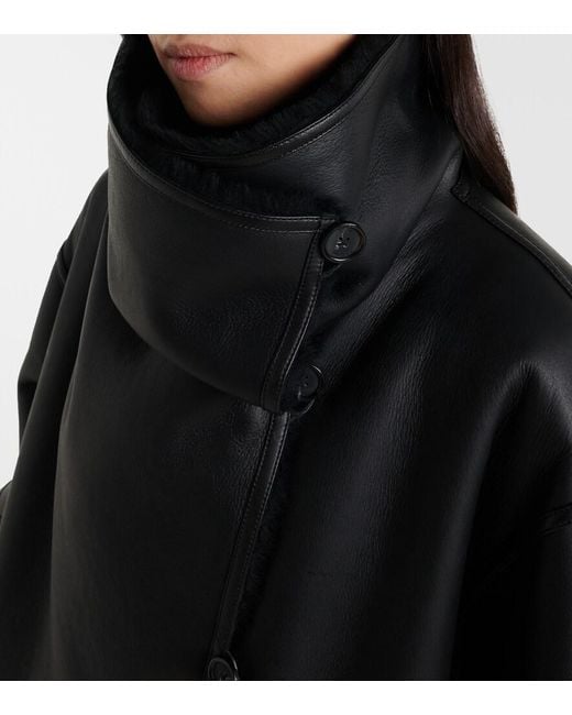 Totême Black Shearling-Lined Leather Coat