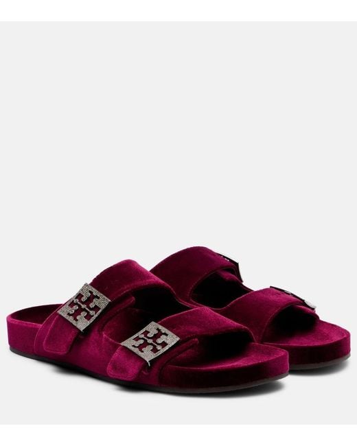 Tory Burch Red Mellow Embellished Velvet Slides