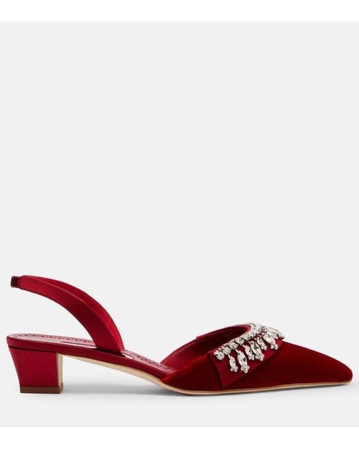 Manolo Blahnik Red Bequila 30 Embellished Velvet Slingback Pumps