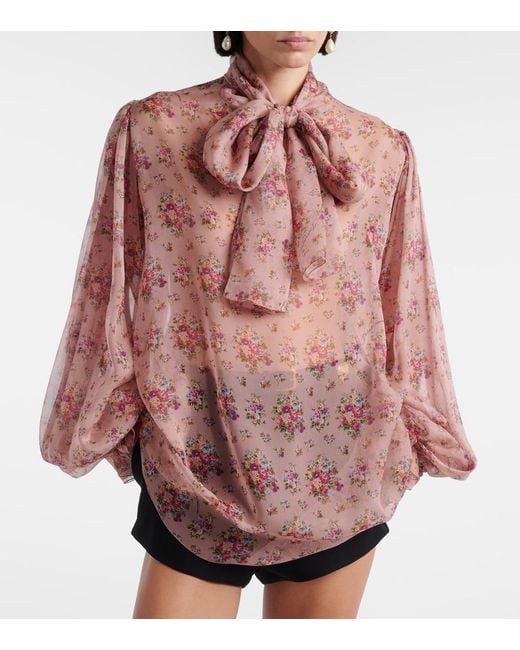 Dolce & Gabbana Pink Floral Tie-Neck Silk Blouse