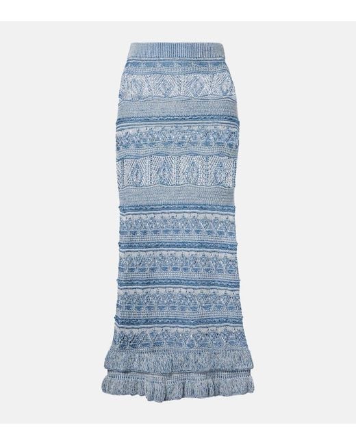 Etro Blue Crochet Ruffled Cotton Midi Skirt