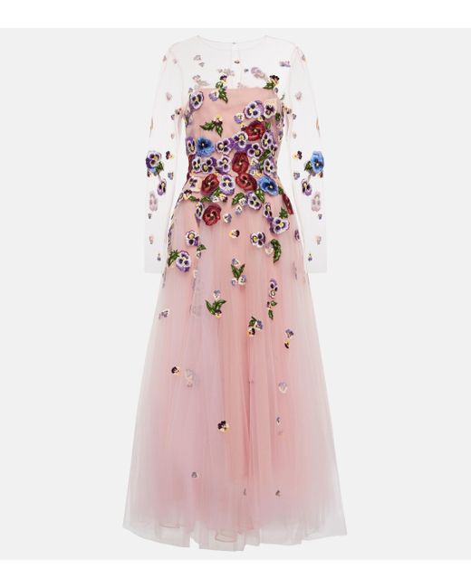 Oscar de la Renta Pink Appliqued Floral Tulle Gown