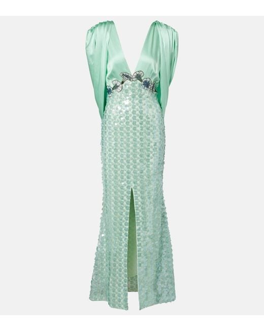 La Fuori Green Sequined Caped Open-Back Gown