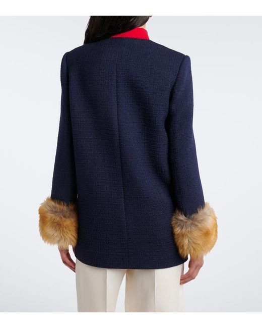 Valentino Blue Shearling-Trimmed Wool-Blend Tweed Jacket