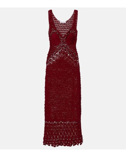 Rabanne Red Embellished Crochet Cotton Midi Dress