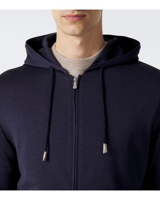 Eleventy Blue Silk And Cotton-Blend Zip-Up Hoodie for men
