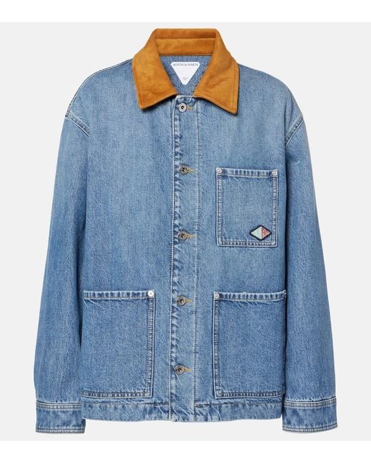 Bottega Veneta Blue Jacket With Suede Collar And Logo Patch