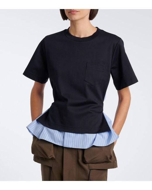 Sacai Black Layered Cotton Jersey And Poplin Top