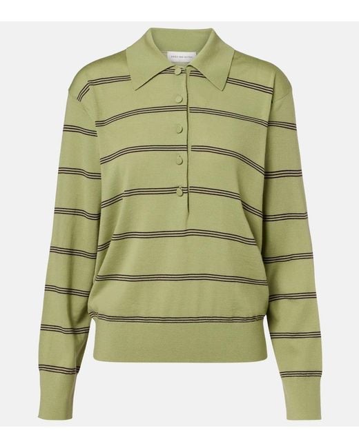 Dries Van Noten Green Striped Wool Polo Sweater