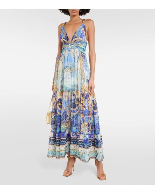 Camilla Blue Embellished Floral Silk Maxi Dress
