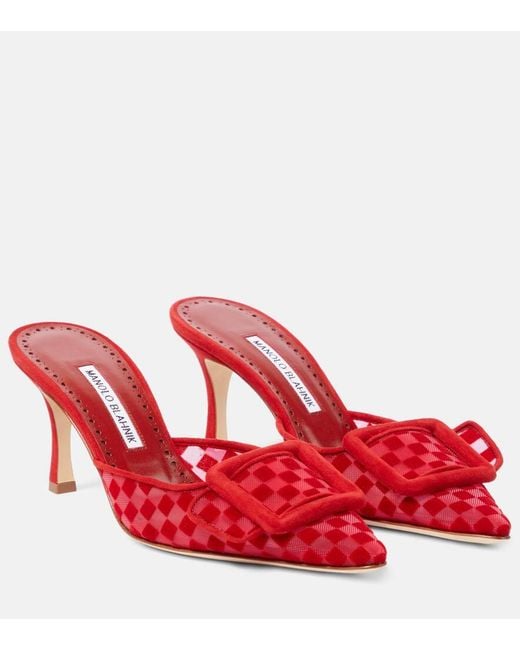 Manolo Blahnik Red Maysalebi 70 Mules Aus Mesh Und Veloursleder Mit Karomuster