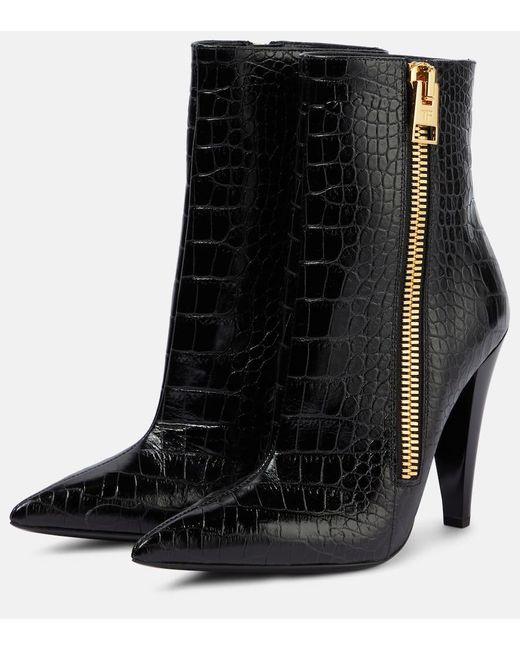 Tom Ford Black Croc-effect Leather Ankle Boots