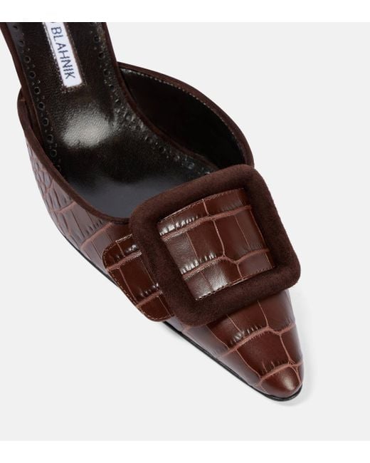 Manolo Blahnik Brown Maysalebi 50 Croc-Effect Leather Mules