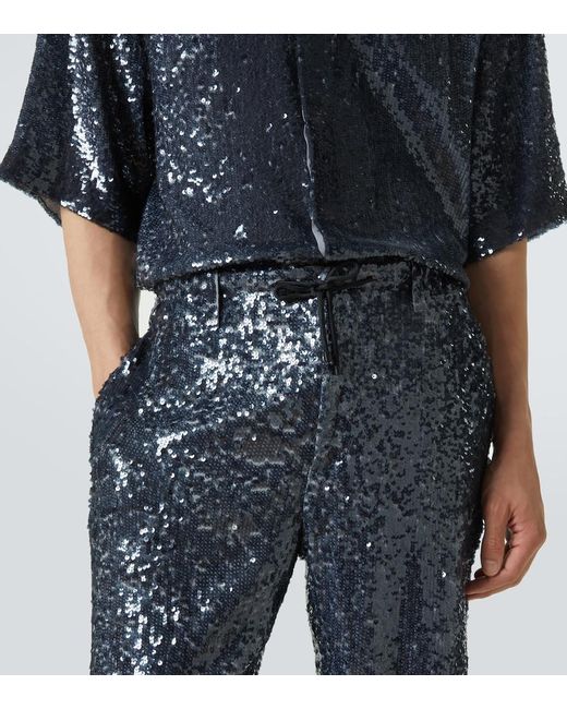 Dries Van Noten Blue Sequined Straight Pants for men