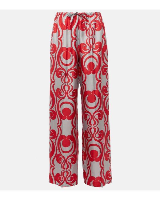 Dries Van Noten Red Bedruckte Weite Hose aus Seide