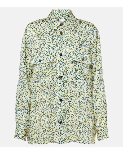 Bottega Veneta Green Daisy Floral Silk Charmeuse Shirt