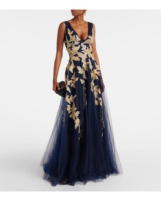 Costarellos Blue Arcangela Applique Tulle Gown