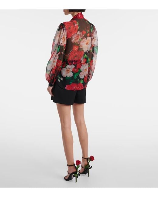 Dolce & Gabbana Red Floral Tie-Neck Silk Organza Blouse